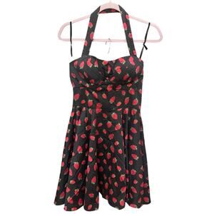 Ixia ModCloth Strawberry Print Dress Retro 50s Rockabilly Fit Flare‎ Mini Medium